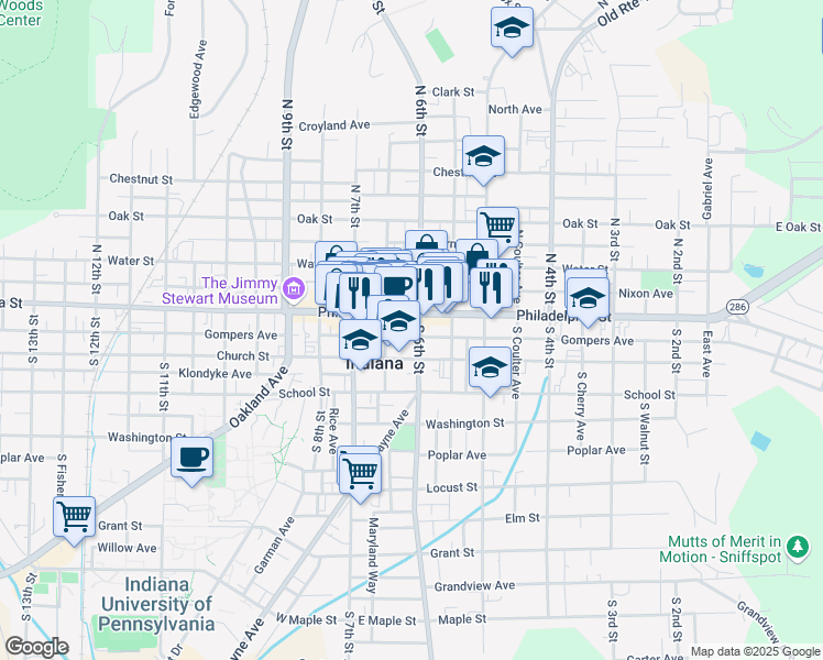 map of restaurants, bars, coffee shops, grocery stores, and more near 20 South 6th Street in Indiana