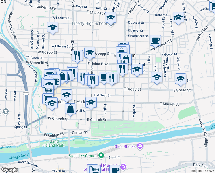 map of restaurants, bars, coffee shops, grocery stores, and more near 203 East Broad Street in Bethlehem