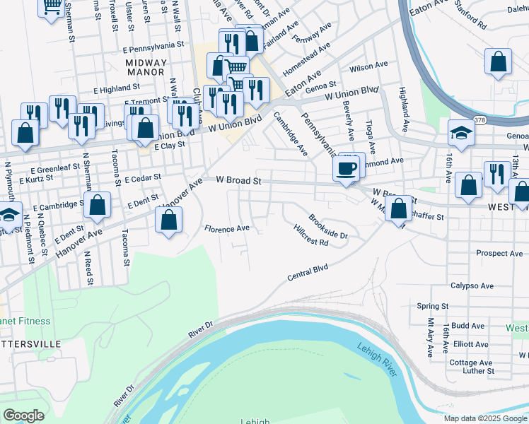 map of restaurants, bars, coffee shops, grocery stores, and more near 2102-2104 Priscilla Lane in Bethlehem