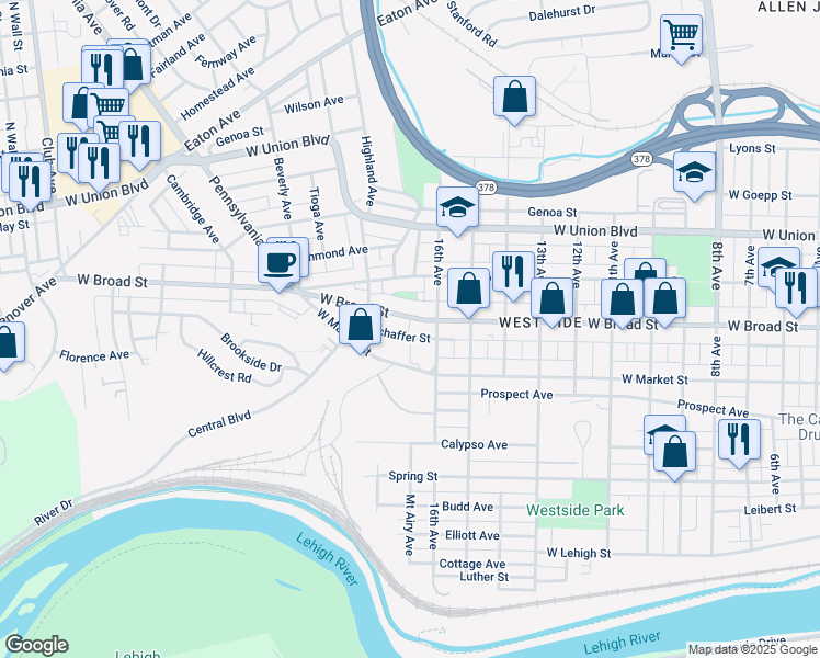 map of restaurants, bars, coffee shops, grocery stores, and more near 1712 West Broad Street in Bethlehem