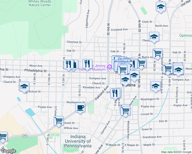 map of restaurants, bars, coffee shops, grocery stores, and more near 978 Philadelphia Street in Indiana