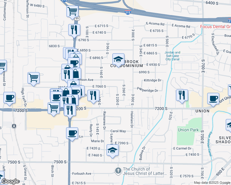 map of restaurants, bars, coffee shops, grocery stores, and more near 7080 South 230 East in Midvale