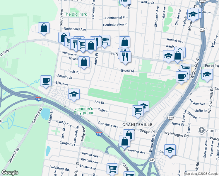 map of restaurants, bars, coffee shops, grocery stores, and more near Ludwig Lane in Staten Island