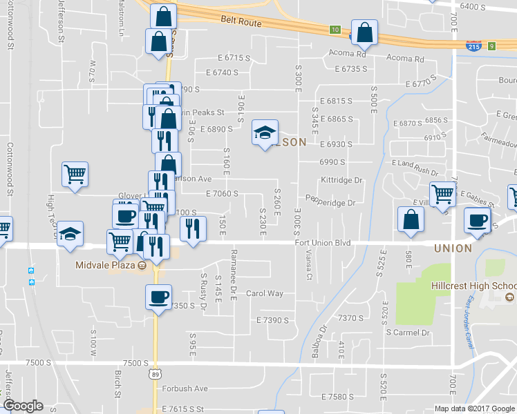 map of restaurants, bars, coffee shops, grocery stores, and more near 7080 South 230 East in Midvale