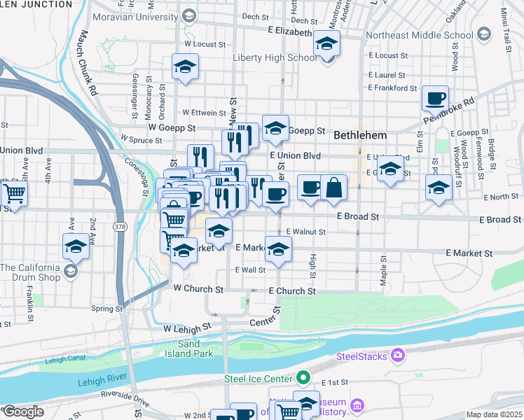 map of restaurants, bars, coffee shops, grocery stores, and more near 63 East Broad Street in Bethlehem