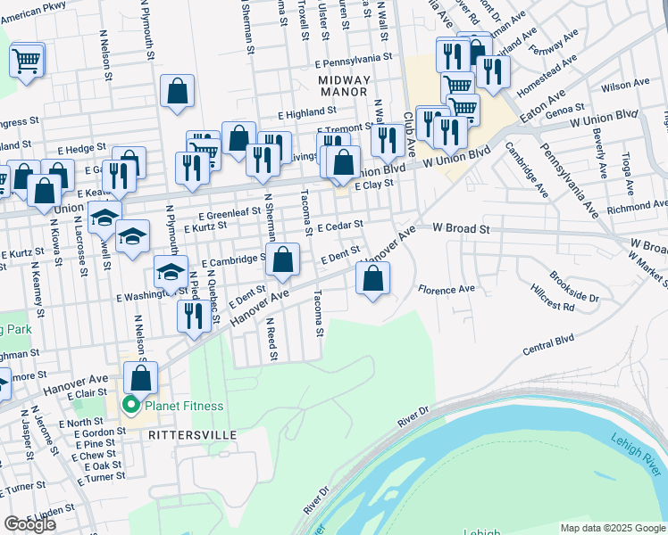 map of restaurants, bars, coffee shops, grocery stores, and more near 2029 Hanover Avenue in Allentown