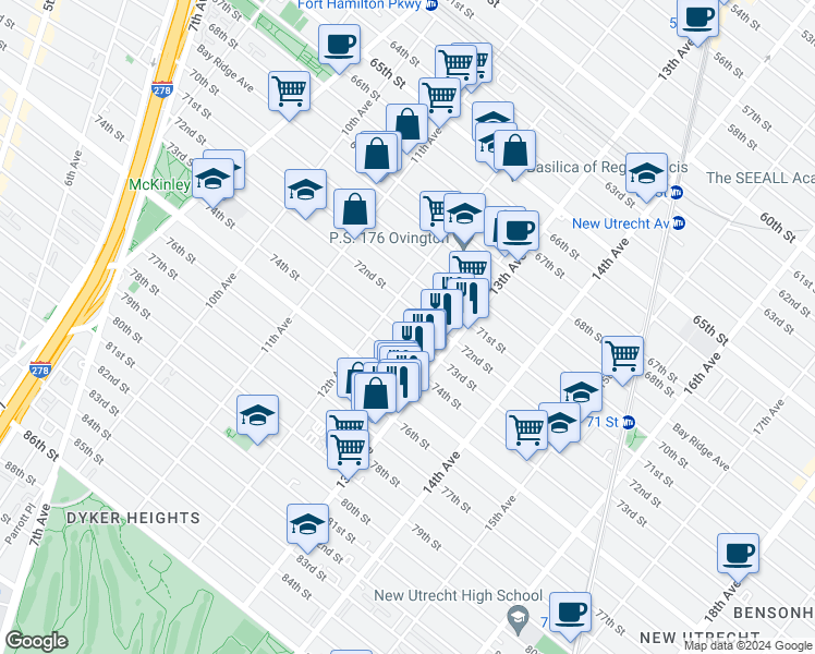 map of restaurants, bars, coffee shops, grocery stores, and more near 1231 73rd Street in Brooklyn