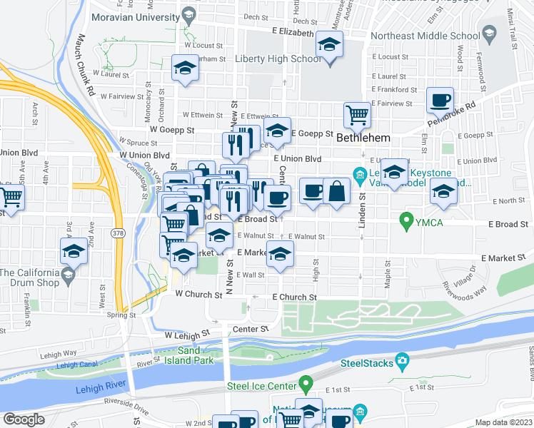 map of restaurants, bars, coffee shops, grocery stores, and more near 73 East Broad Street in Bethlehem