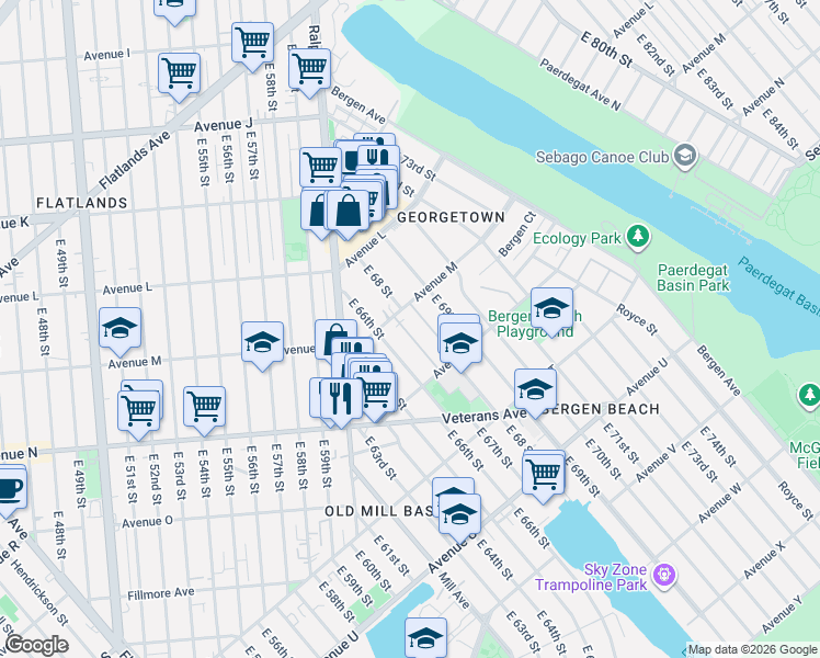map of restaurants, bars, coffee shops, grocery stores, and more near 6631 Avenue M in Brooklyn