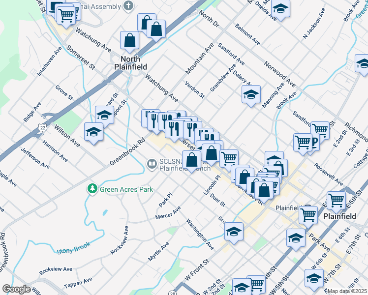 map of restaurants, bars, coffee shops, grocery stores, and more near 384 Somerset Street in North Plainfield