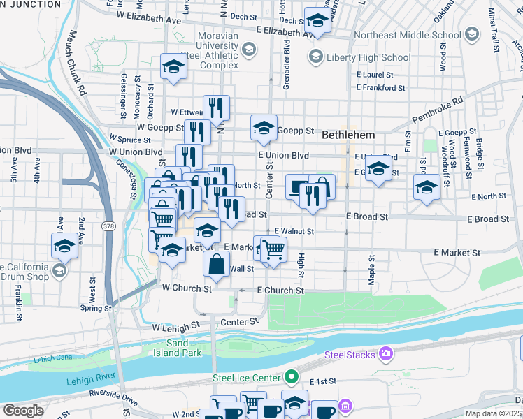 map of restaurants, bars, coffee shops, grocery stores, and more near 47 East Raspberry Street in Bethlehem
