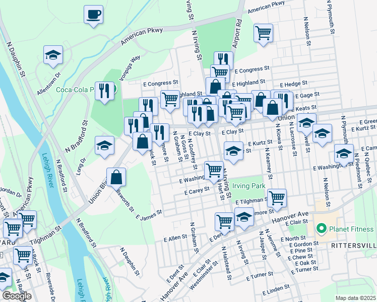 map of restaurants, bars, coffee shops, grocery stores, and more near 881 North Godfrey Street in Allentown