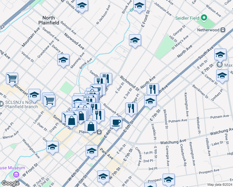 map of restaurants, bars, coffee shops, grocery stores, and more near 405 East 2nd Street in Plainfield