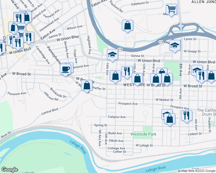 map of restaurants, bars, coffee shops, grocery stores, and more near 1712 West Broad Street in Bethlehem