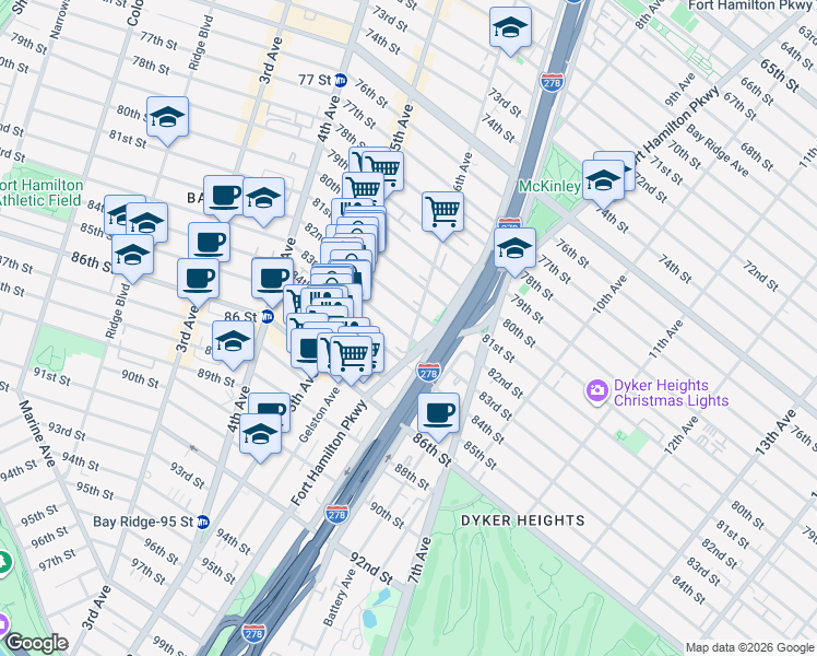 map of restaurants, bars, coffee shops, grocery stores, and more near 587 83rd Street in Brooklyn