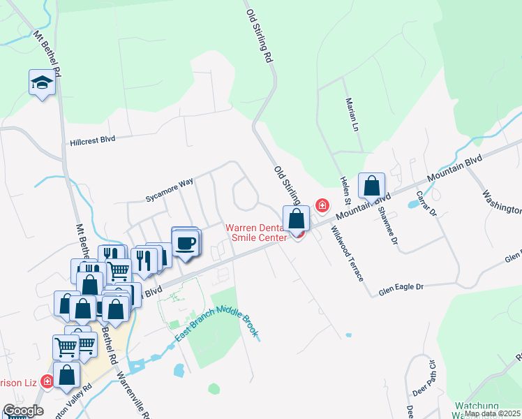 map of restaurants, bars, coffee shops, grocery stores, and more near 10 Peach Tree Lane in Warren