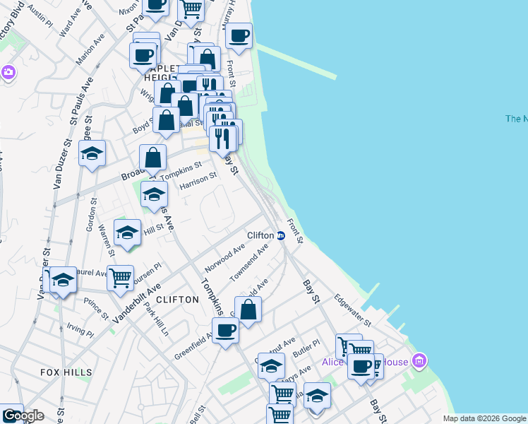 map of restaurants, bars, coffee shops, grocery stores, and more near Bay Street in Staten Island
