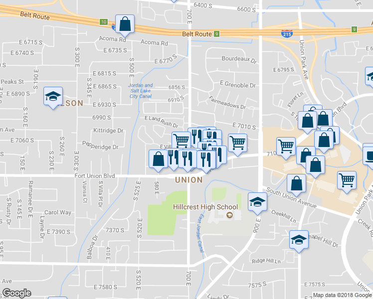 map of restaurants, bars, coffee shops, grocery stores, and more near 7083 Village Place in Midvale