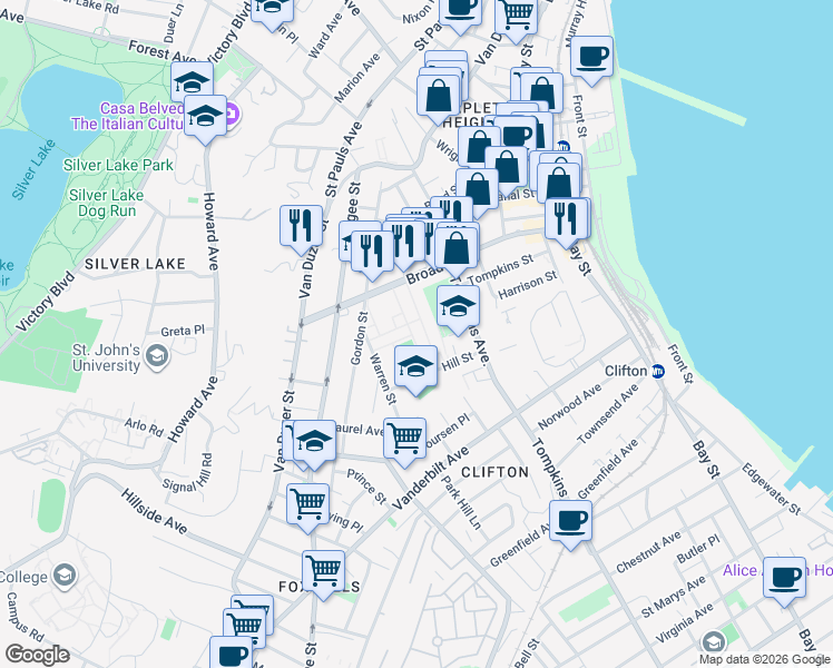 map of restaurants, bars, coffee shops, grocery stores, and more near 77 Hill Street in Staten Island