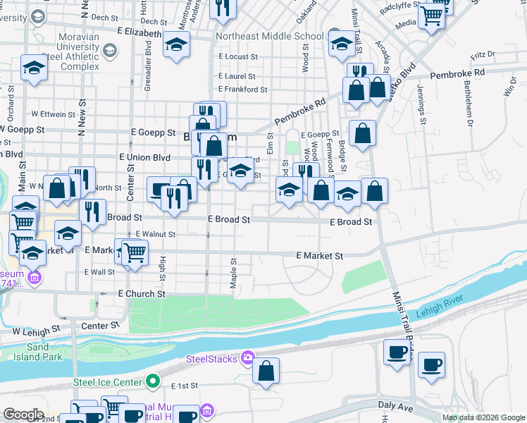 map of restaurants, bars, coffee shops, grocery stores, and more near 434 East North Street in Bethlehem