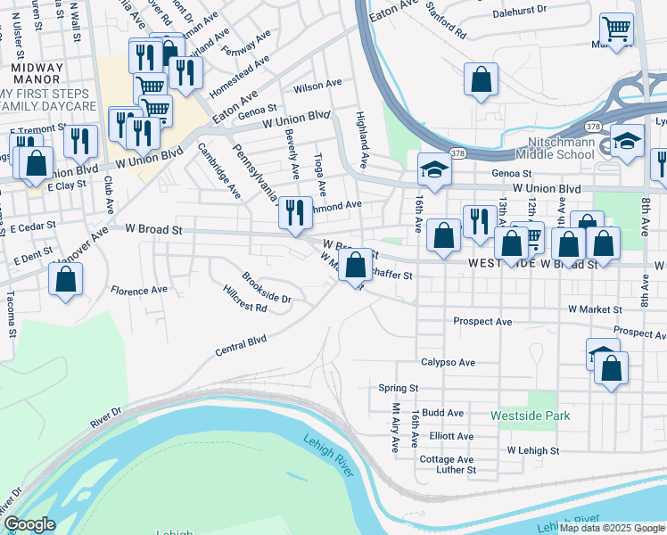 map of restaurants, bars, coffee shops, grocery stores, and more near 1849 West Market Street in Bethlehem