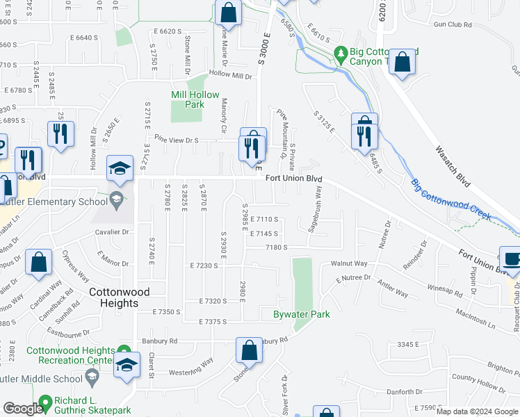 map of restaurants, bars, coffee shops, grocery stores, and more near 3018 East 7070 South in Cottonwood Heights