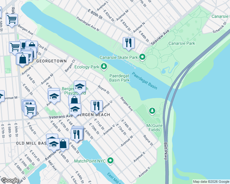 map of restaurants, bars, coffee shops, grocery stores, and more near 2044 Bergen Avenue in Brooklyn