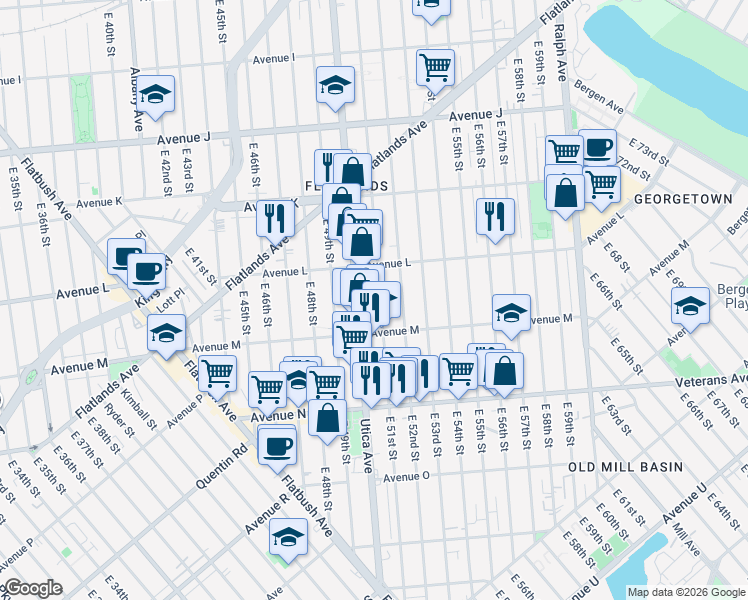 map of restaurants, bars, coffee shops, grocery stores, and more near 1533 East 51st Street in Brooklyn