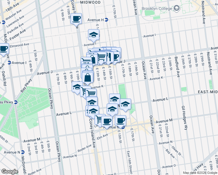 map of restaurants, bars, coffee shops, grocery stores, and more near 1086 East 14th Street in Brooklyn