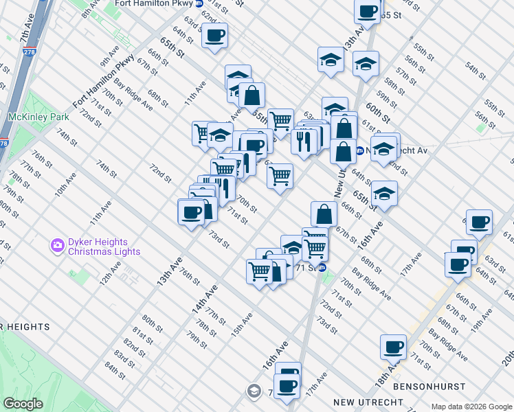 map of restaurants, bars, coffee shops, grocery stores, and more near 1353 Bay Ridge Avenue in Brooklyn