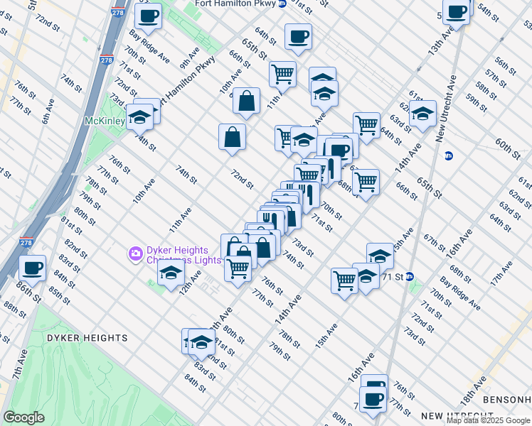 map of restaurants, bars, coffee shops, grocery stores, and more near 1227 72nd Street in Brooklyn