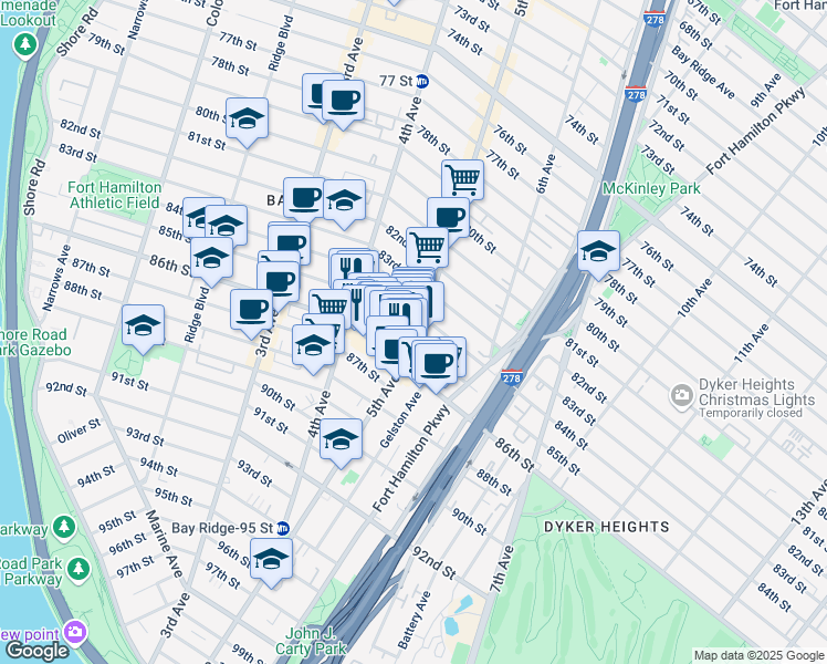 map of restaurants, bars, coffee shops, grocery stores, and more near 451 85th Street in Brooklyn