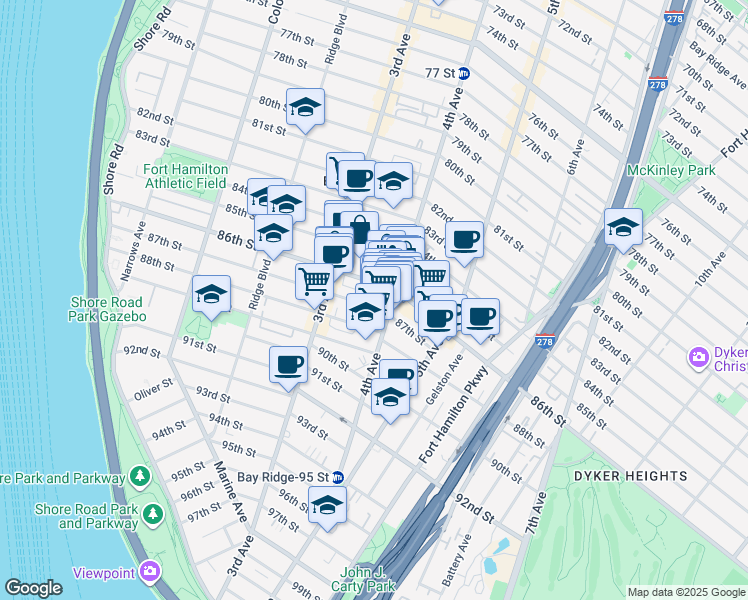 map of restaurants, bars, coffee shops, grocery stores, and more near 151 86th Street in Brooklyn