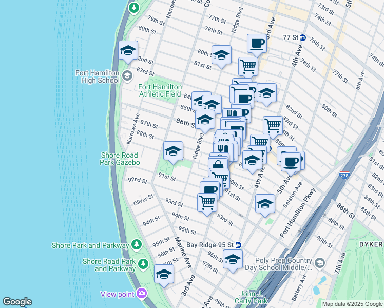 map of restaurants, bars, coffee shops, grocery stores, and more near 8601 Ridge Boulevard in Brooklyn