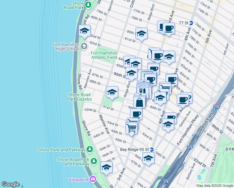 map of restaurants, bars, coffee shops, grocery stores, and more near 137 88th Street in Brooklyn