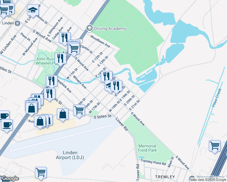 map of restaurants, bars, coffee shops, grocery stores, and more near 1601 South Wood Avenue in Linden