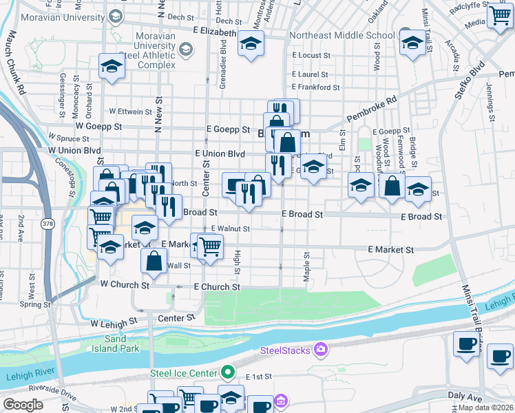 map of restaurants, bars, coffee shops, grocery stores, and more near 229 East Raspberry Street in Bethlehem