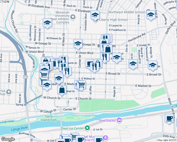 map of restaurants, bars, coffee shops, grocery stores, and more near 625 High Street in Bethlehem