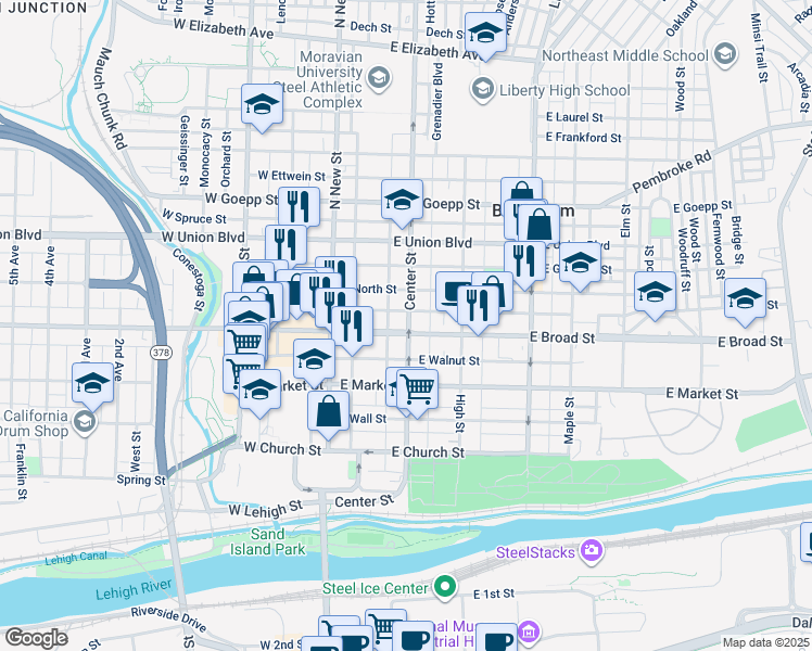 map of restaurants, bars, coffee shops, grocery stores, and more near 626 Center Street in Bethlehem
