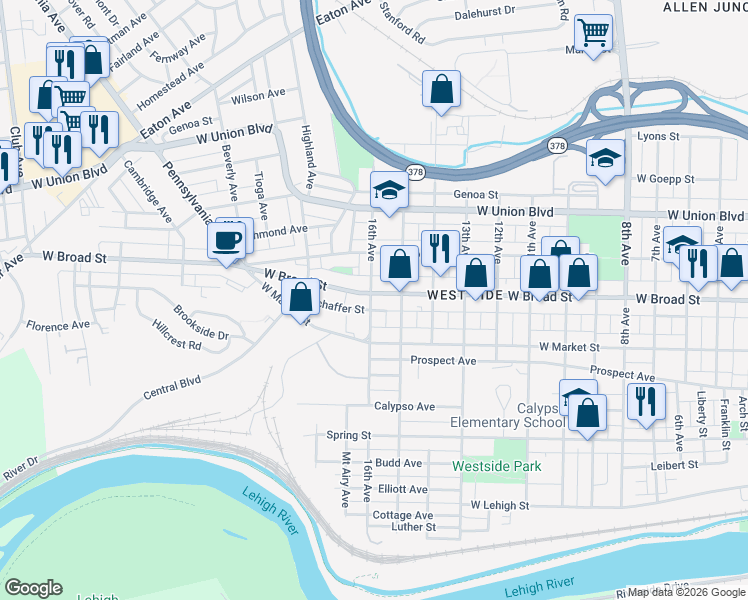 map of restaurants, bars, coffee shops, grocery stores, and more near 1712 West Broad Street in Bethlehem