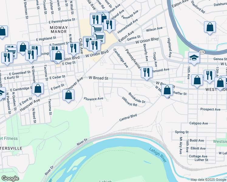 map of restaurants, bars, coffee shops, grocery stores, and more near 2106 Glendale Avenue in Bethlehem
