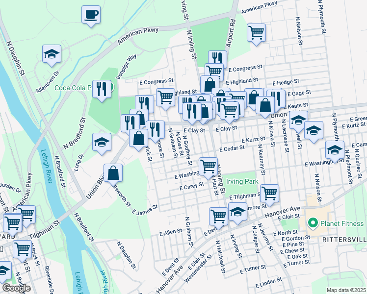 map of restaurants, bars, coffee shops, grocery stores, and more near 881 North Godfrey Street in Allentown