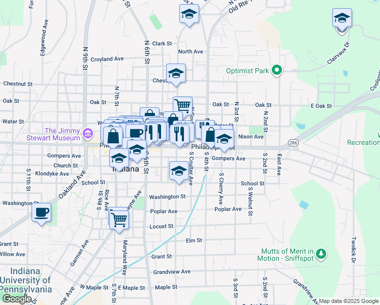 map of restaurants, bars, coffee shops, grocery stores, and more near 455 Philadelphia Street in Indiana