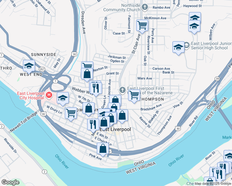 map of restaurants, bars, coffee shops, grocery stores, and more near 723 Saint Clair Avenue in East Liverpool