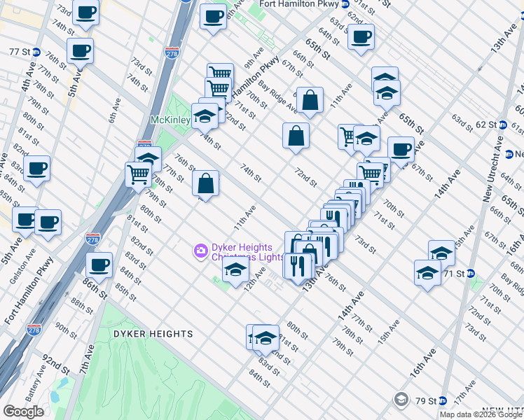 map of restaurants, bars, coffee shops, grocery stores, and more near 7423 11th Avenue in Brooklyn