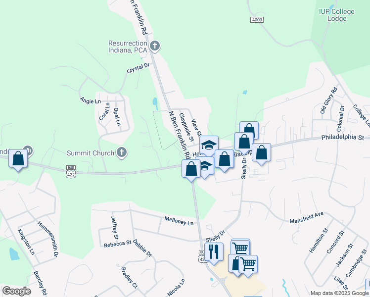 map of restaurants, bars, coffee shops, grocery stores, and more near 95 North Ben Franklin Road in Indiana