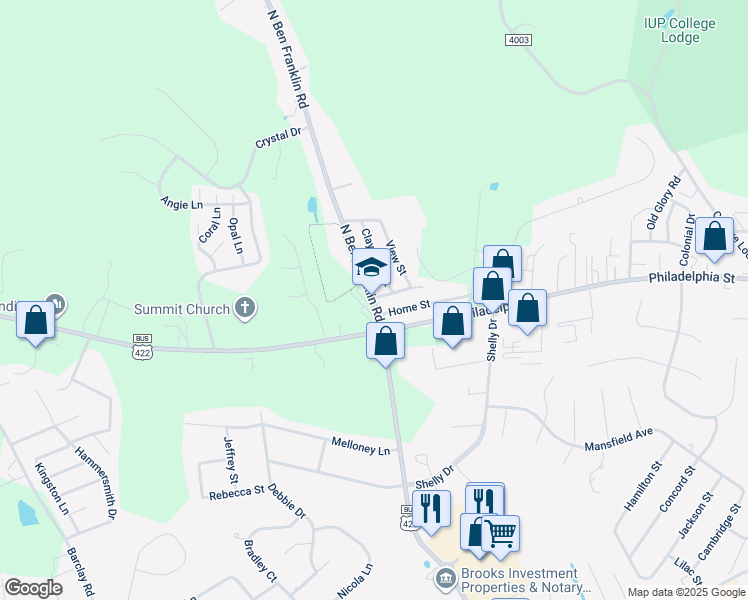 map of restaurants, bars, coffee shops, grocery stores, and more near 95 North Ben Franklin Road in Indiana