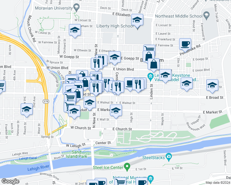map of restaurants, bars, coffee shops, grocery stores, and more near 607 Center Street in Bethlehem
