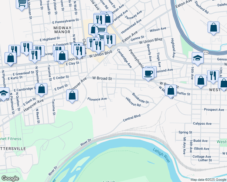 map of restaurants, bars, coffee shops, grocery stores, and more near 445 Keystone Avenue in Bethlehem