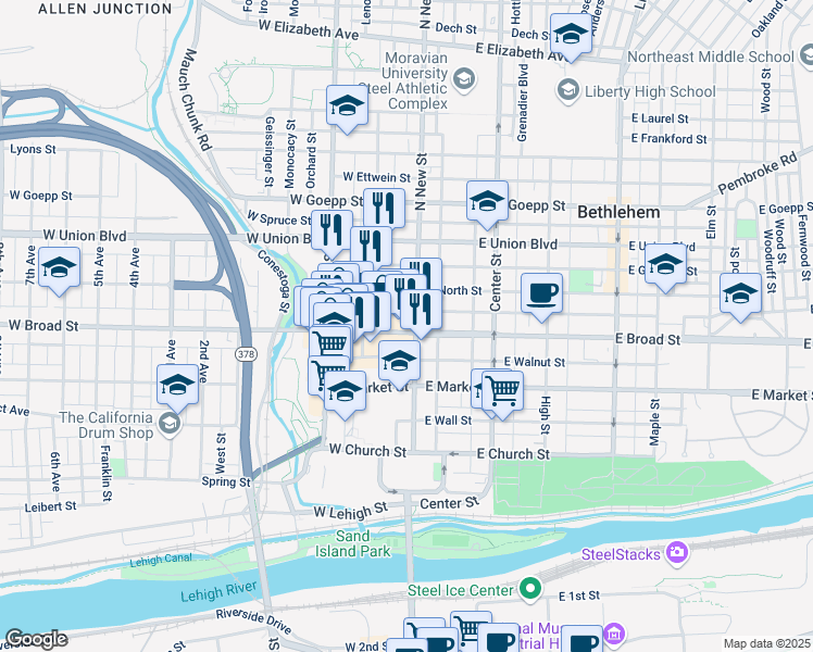 map of restaurants, bars, coffee shops, grocery stores, and more near 8 West Broad Street in Bethlehem